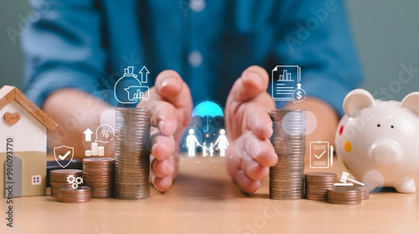 Obraz Divorce law and inheritance separation concept. Insurance plan protect family wealth. Hand separate saving money, finance inherit division, home loan, debt return, stack coin. Bank business investment