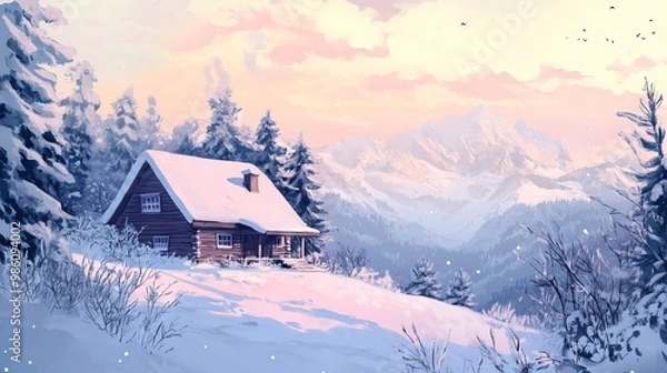 Obraz Hand-Drawn Illustration of a Cozy Winter Cabin in the Mountains, Pastel Tones, AI generated illustration