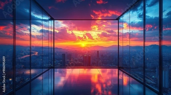 Obraz sleek glass skyscrapers reflecting sunset hues modern elevated highway curving through cityscape distant mountains silhouetted against dramatic sky