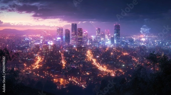 Fototapeta Stunning digital rendering of a luxury cityscape at night, seen from a hilltop with illuminated streets and skyscrapers glowing in the distance