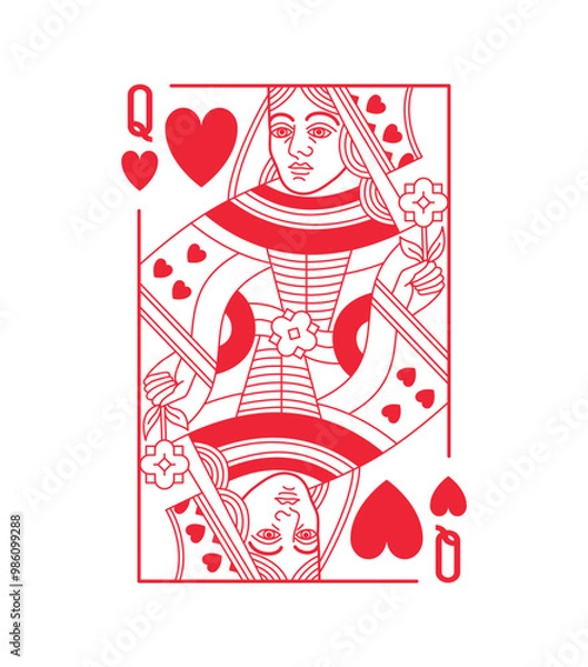 Fototapeta Queen character, Hearts suit playing card, vintage classic design, isolated on white, editable stroke line, vector illustration.