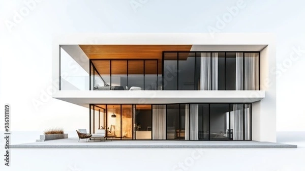 Fototapeta Modern two-story house with a balcony and a patio in front of it, isolated on a white background.