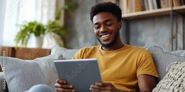 Obraz Relaxed smiling african american man holding digital tablet computer using apps sitting on couch at home. Black guy remote learning, social distance working, ordering buying online or reading e book.
