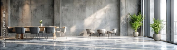 Fototapeta Modern luxury dining room with spacious layout, featuring wooden dining table, stylish chairs, and large windows allowing natural light to illuminate concrete walls. greenery adds refreshing touch