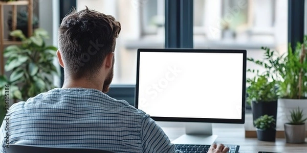 Obraz Over shoulder shot of a young man using computer laptop in front of an blank white computer screen in home 