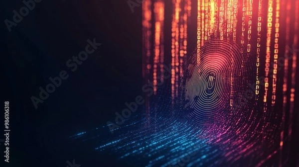 Fototapeta Digital fingerprint overlaid with binary code, symbolizing cybersecurity and data protection.