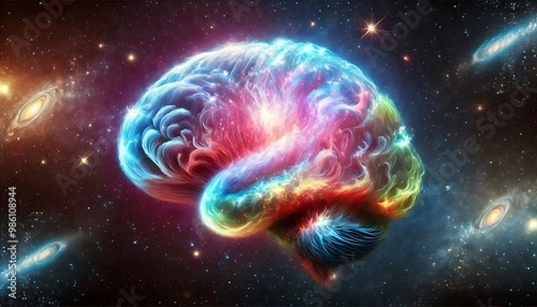 Fototapeta A vibrant, cosmic brain intertwined with colorful galaxies, symbolizing the fusion of intellect and the universe.