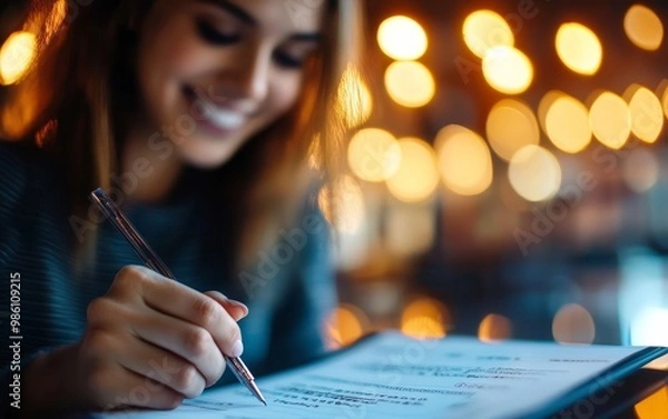 Fototapeta Closeup of a happy client holding a solved problem sheet, reflecting successful assistance