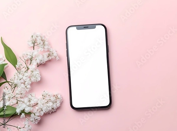 Fototapeta White Flowers and Smartphone on Pink Background