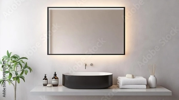 Fototapeta Rectangular mirror with matte black frame and soft lighting, minimalist bathroom mirror, modern boldness