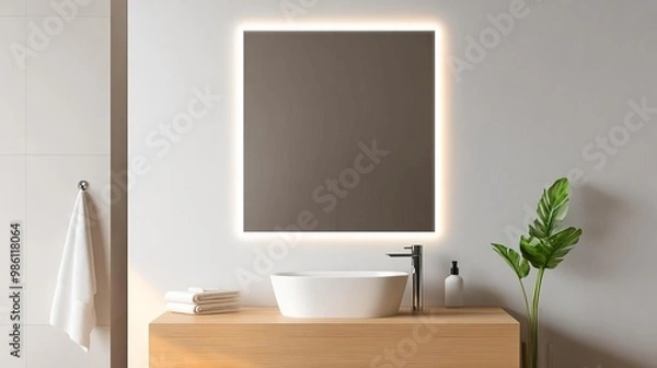 Fototapeta Square frameless mirror with backlighting in a minimalist bathroom, minimalist bathroom mirror, modern elegance