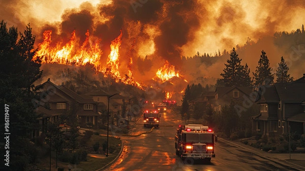 Fototapeta A neighborhood engulfed in flames during a wildfire, with fire trucks and firefighters battling the blaze, capturing the intensity and danger of firefighting efforts.
