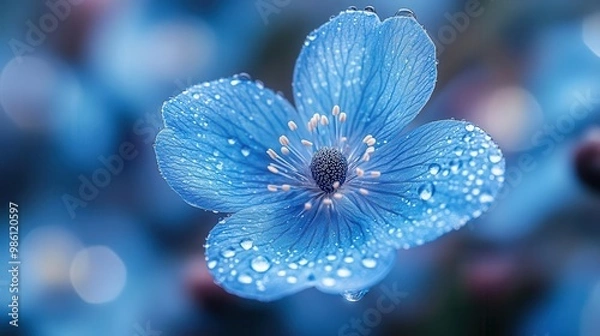 Fototapeta surreal closeup of an ethereal blue flower with gossamer petals dreamy bokeh background with soft focus dewdrops creating an otherworldly botanical fantasy