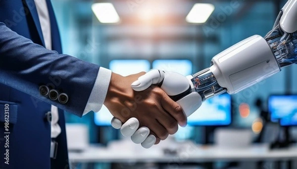Fototapeta Merging worlds with a handshake.  