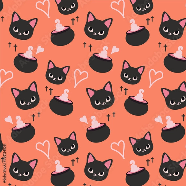 Fototapeta Cute Black Cat and Witch Cauldron Pattern. Cute pattern features cute black cats, magical cauldrons, and hearts on a coral background.