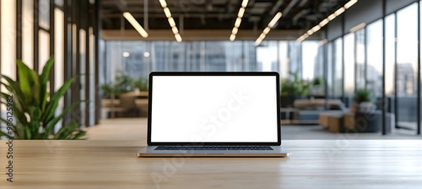 Fototapeta Laptop Mockup in a Contemporary Office Space - Transparent PNG Banner Ideal for Showcasing Technology, Business Presentations, and Online Marketing Visuals