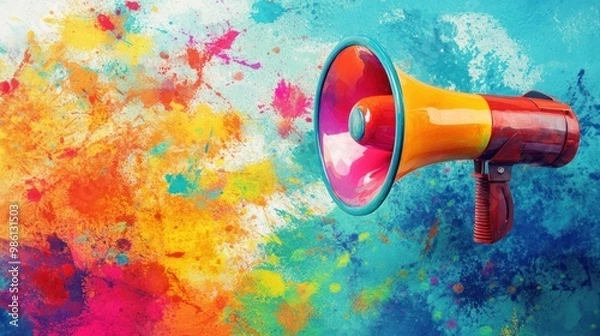 Fototapeta Colorful Megaphone on Splashes Background.
