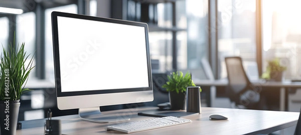 Fototapeta Stylish Office Setup Featuring a Computer Screen Mockup - Transparent PNG Banner for Creative Professionals, Designers, and Digital Content Creators
