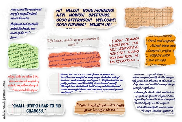 Fototapeta Ripped paper strips with handwritten text. Realistic crumpled paper scraps with torn edges. Shreds of notebook, book or old newspaper pages. Trendy collage elements. Vector illustration