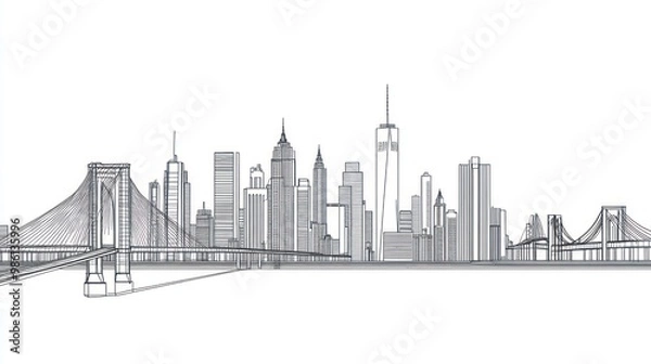 Fototapeta A minimalist line art depiction of a city skyline with bridges.