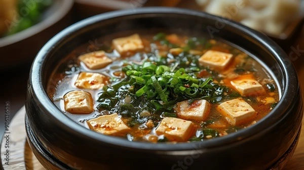 Fototapeta The gentle flavor of vegetarian tofu soup is enhanced with ingredients like soy sauce, ginger, and garlic