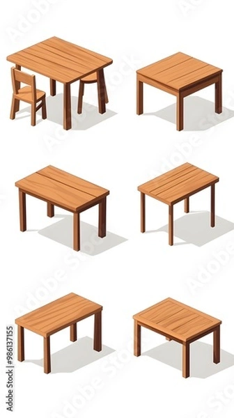 Fototapeta Set of vector illustrations of different wooden tables, desks, and cabinets isolated on a white background. Flat cartoon design.