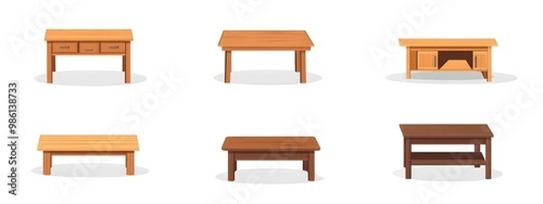 Fototapeta Set of vector illustrations of different wooden tables, desks, and cabinets isolated on a white background. Flat cartoon design.
