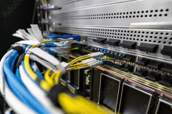 Obraz Network switch and ethernet cable in datacenter, Network connection technology and has a status LED to show working status, Fiber Optic Connection
