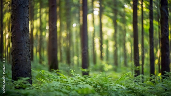 Fototapeta Blurred bokeh of a lush, green forest