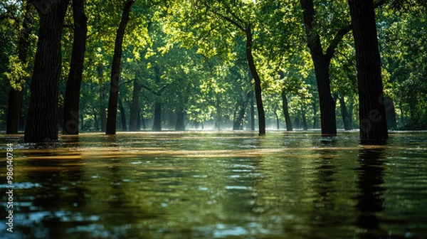 Obraz A floodplain completely submerged under water after a river overflow, with only the tops of trees visible, illustrating the extent of flooding and its impact on the landscape.