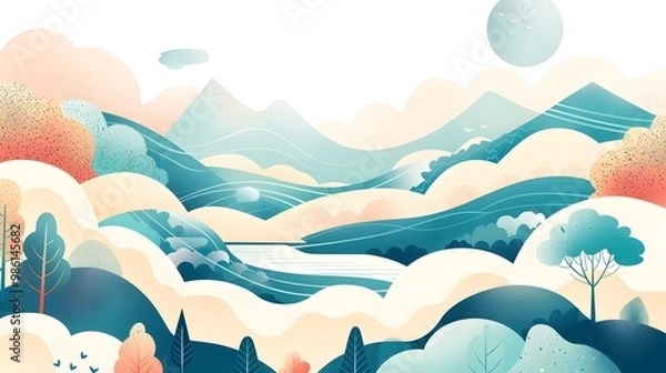 Obraz Tranquil River and Mountain Landscape with Trees – Vector
