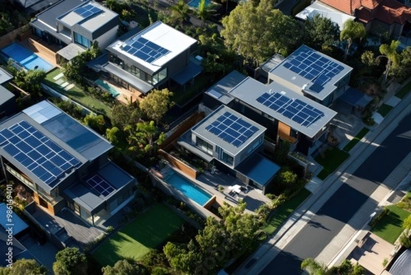 Fototapeta Aerial view of suburban cul-de-sac homes near Los Angeles in Thousand Oaks, California.  . Beautiful simple AI generated image
