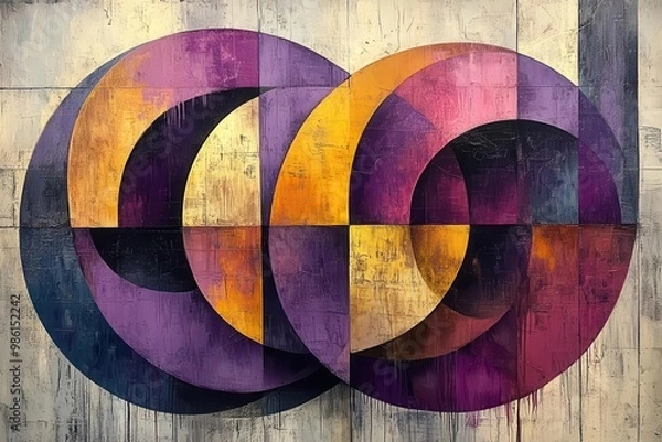 Fototapeta vibrant abstract composition with interlocking purple and yellow geometric shapes evoking modern elegance and creativity clean lines bold contrasts and dynamic spatial relationships