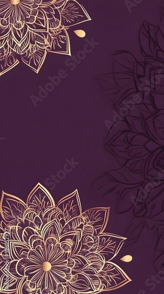 Fototapeta A purple card with a golden mandala ornament on the right side, featuring a flat design, simple shapes, and a minimalistic style. The color scheme is elegant and sophisticated