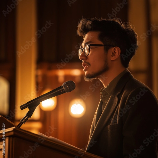Obraz Side view of a preacher speaking with passion during a sermon, microphone in hand