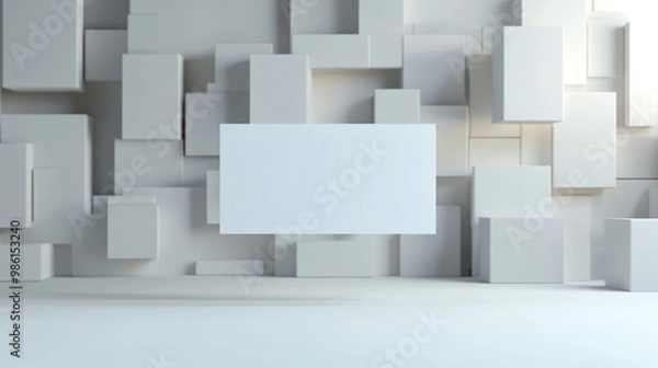 Fototapeta A blank canvas floating in front of a wall of white geometric shapes.