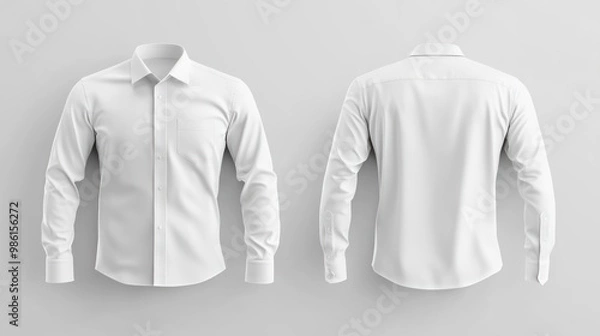 Fototapeta Mockup of a white long-sleeved dress shirt with a button-down collar and a pocket on the left side.