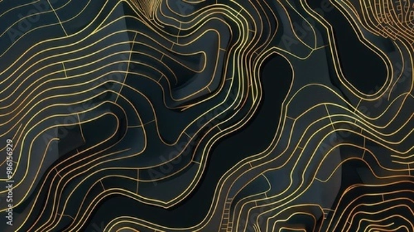 Fototapeta Luxury gold abstract line art background vector. Mountain topographic map background with golden lines texture, 17:9 wallpaper design for wall arts, fabric , packaging , web, banner, app, wallpaper