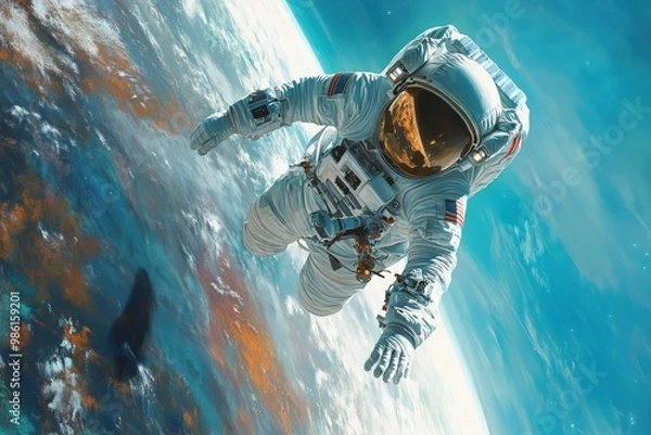 Obraz Retro Cartoon Astronaut Floating in Space - Illustration with Bright Colors and Simple Lines. Beautiful simple AI generated image