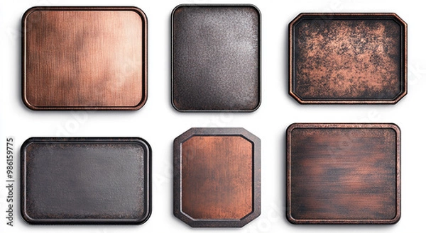 Fototapeta Set of different metal plates isolated on a white background, with various textures and shapes