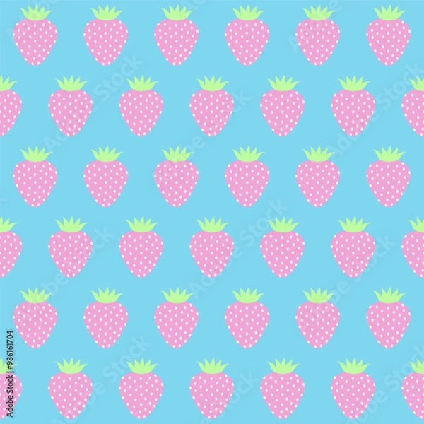 Fototapeta Strawberry pattern with staggered berries on a blue seamless background