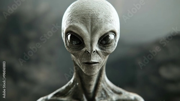 Fototapeta Close-up portrait of a grey alien with large eyes, looking directly at the camera.