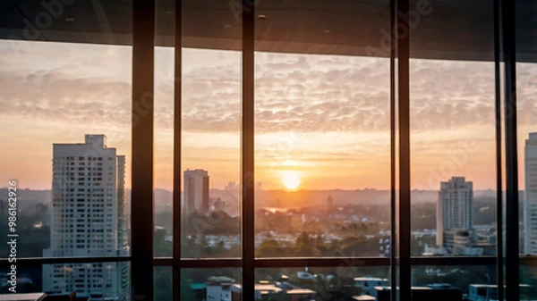 Fototapeta Blurred bokeh of a sunrise breaking through the window of a tech startup office