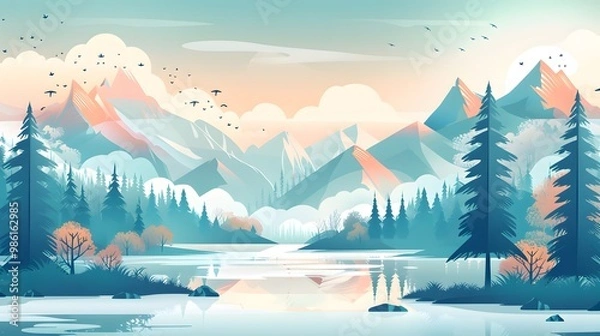 Fototapeta Smooth Lines Nature Landscape with River and Trees – Vector