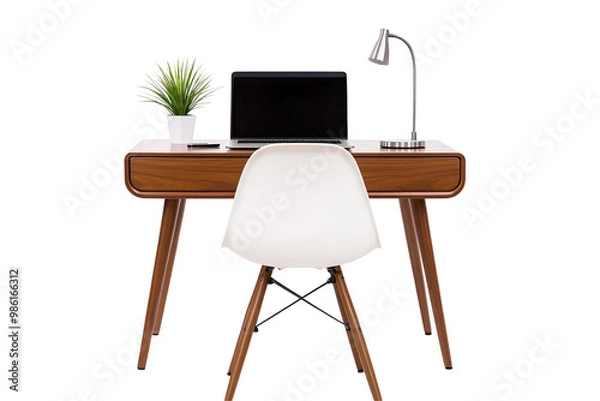 Fototapeta Modern workspace featuring a sleek desk, laptop, and stylish lamp for an inspiring atmosphere.