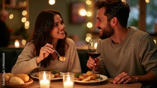 Fototapeta Generative AI, a man and woman sitting at a table with a glass of wine and food in front of them, smiling, professional food photography, a stock photo, romanticism
