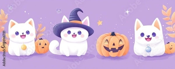 Fototapeta Three adorable cartoon cats celebrate Halloween with pumpkins and autumn leaves against a playful purple background.