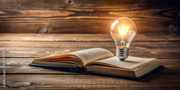 Fototapeta Light bulb and book on wooden surface, knowledge, education, inspiration, reading, creativity, learning, idea