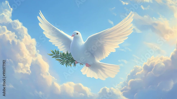 Fototapeta Peaceful dove soaring with an olive branch in the sky