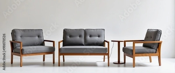 Obraz collection Set of minimal wood and fabric interior furniture on white background